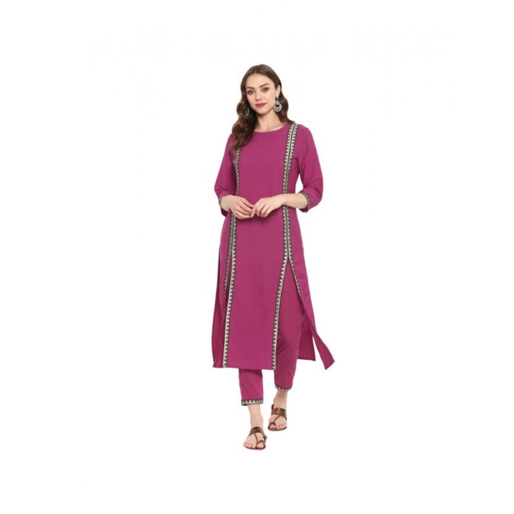 Amfyn Women's Casual 3-4Th Sleeve Solid Crepe Kurti And Pant Set (Pink)
