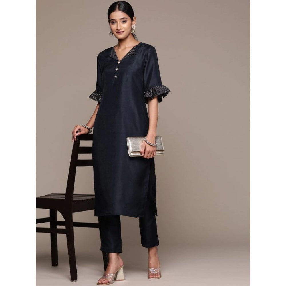 Amfyn Women's Casual Half Sleeve Solid Chinon Kurti and Pant Set (Navy Blue)