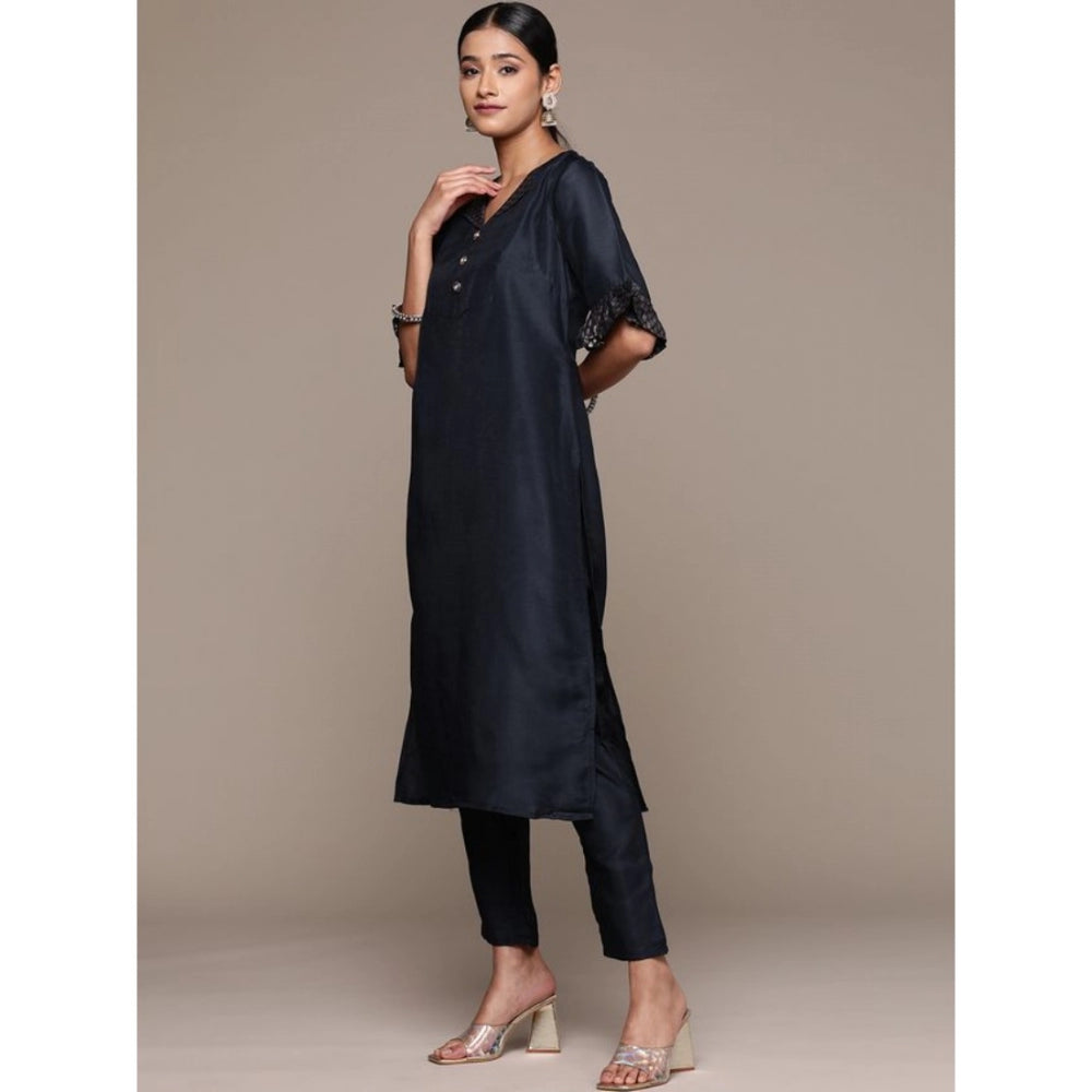 Amfyn Women's Casual Half Sleeve Solid Chinon Kurti and Pant Set (Navy Blue)