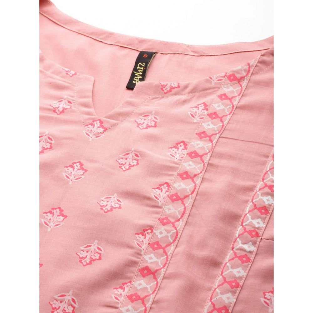 Amfyn Women's Casual 3-4Th Sleeve Floral Printed Chinon Kurti and Pant Set (Peach)
