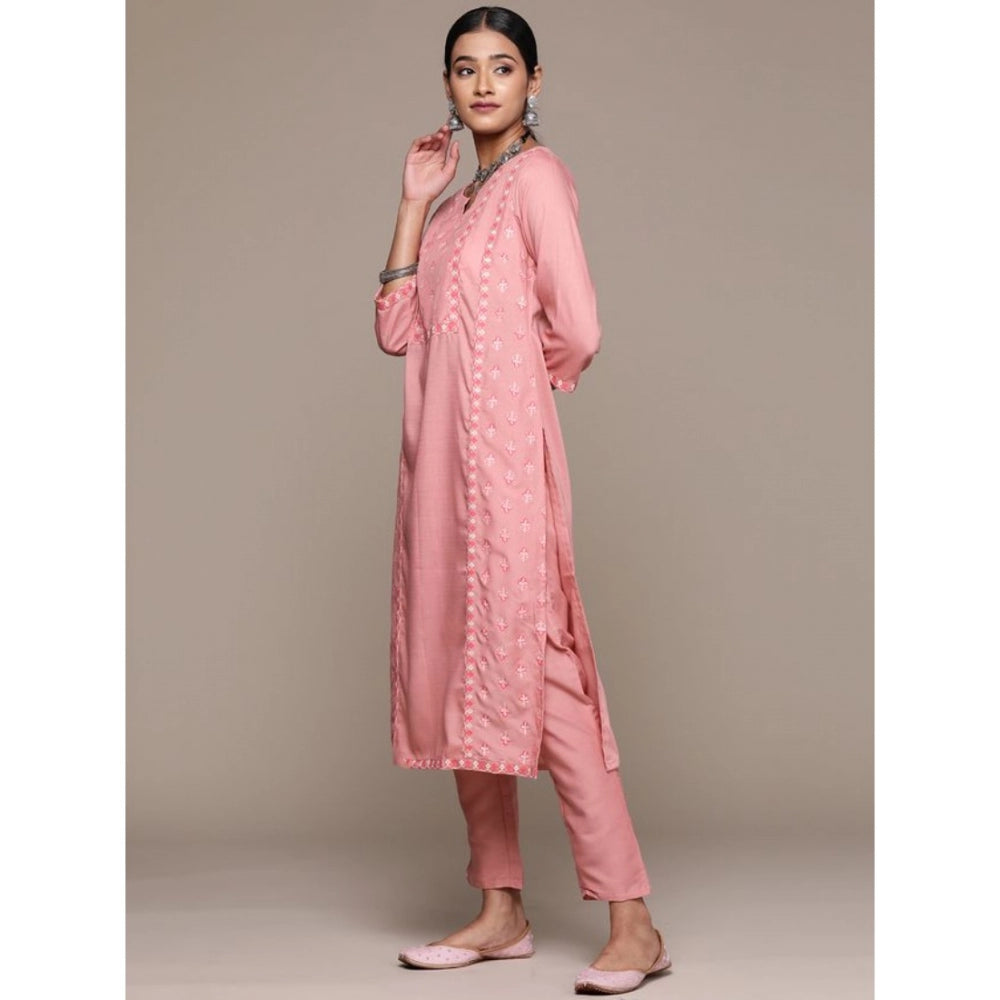 Amfyn Women's Casual 3-4Th Sleeve Floral Printed Chinon Kurti and Pant Set (Peach)
