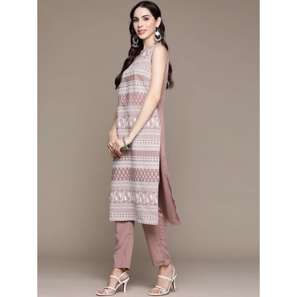 Amfyn Women's Casual Sleeveless Floral Printed Crepe Kurti And Pant Set (Light Wine)