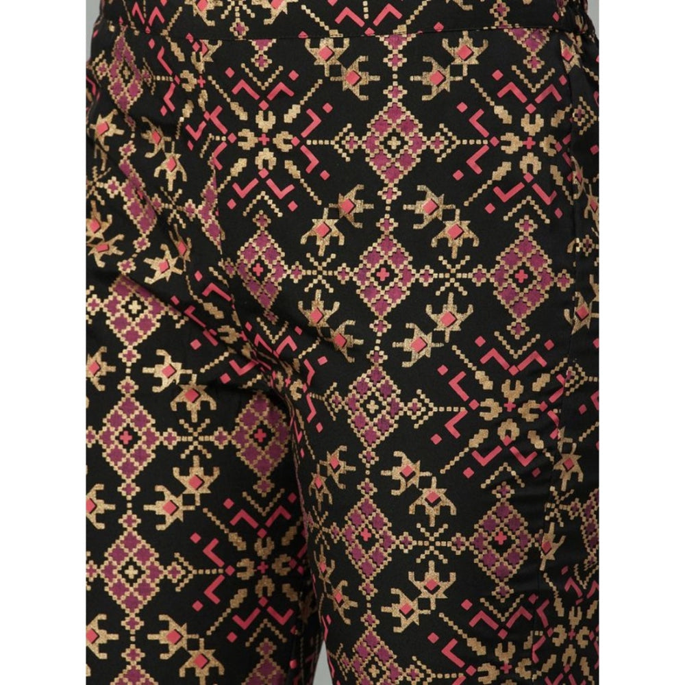 Amfyn Women's Casual 3-4Th Sleeve Geometric Crepe Kurti and Pant Set (Black)