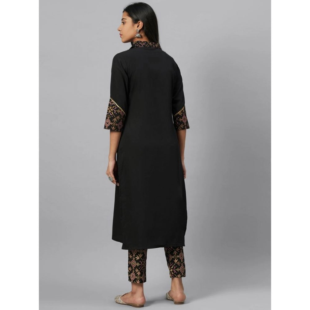 Amfyn Women's Casual 3-4Th Sleeve Geometric Crepe Kurti and Pant Set (Black)