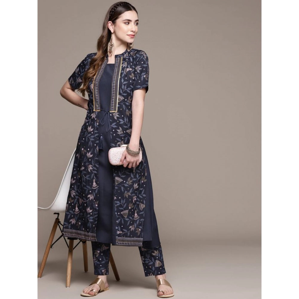 Amfyn Women's Casual Half Sleeve Ethnic Motifs Crepe Kurti and Pant Set (Navy Blue)