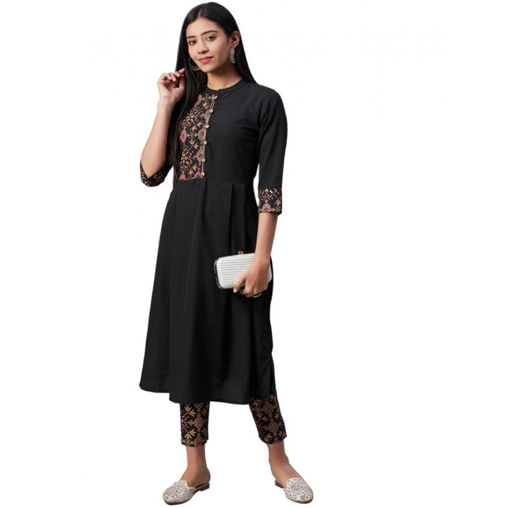 Amfyn Women's Casual 3-4Th Sleeve Geometric Crepe Kurti And Pant Set (Black)