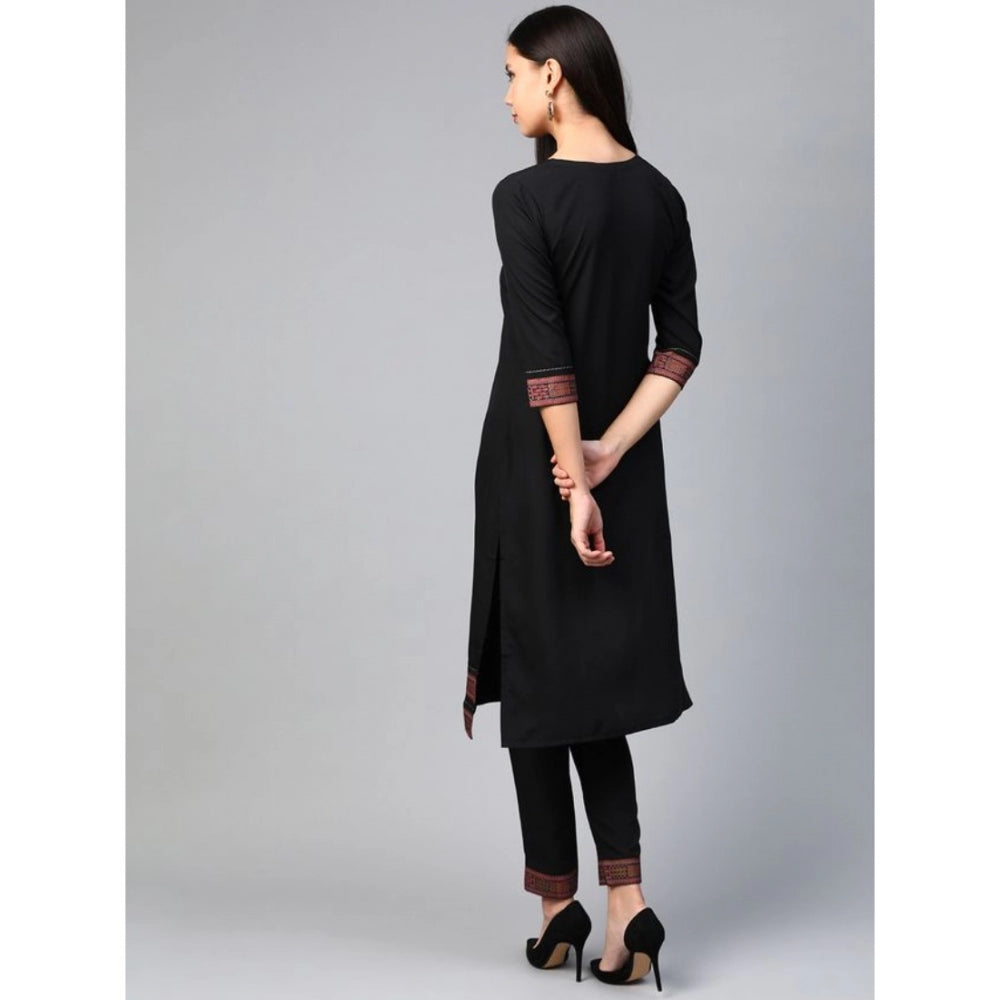 Amfyn Women's Casual 3-4Th Sleeve Solid Crepe Kurti and Pant Set (Black)