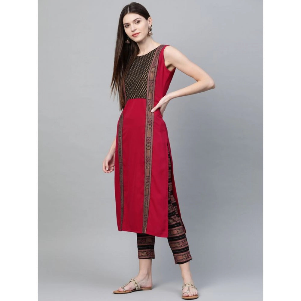 Amfyn Women's Casual Sleeveless Foil Printed Crepe Kurti and Pant Set (Pink)