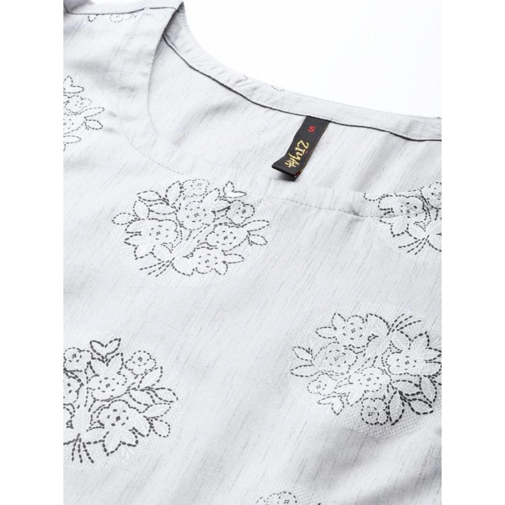 Amfyn Women's Casual 3-4Th Sleeve Floral Printed Poly Silk Kurti and Pant Set (Light Grey)
