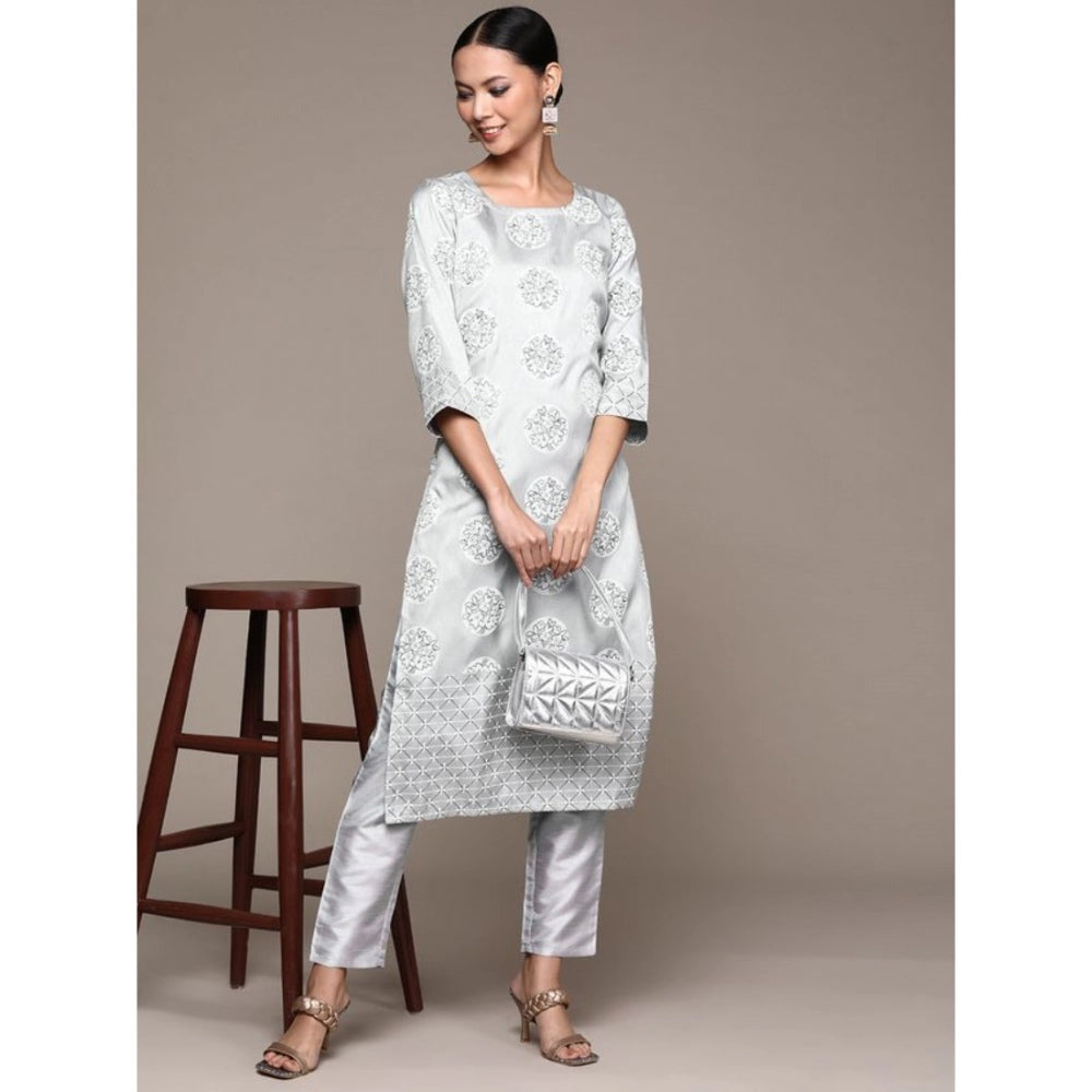 Amfyn Women's Casual 3-4Th Sleeve Floral Printed Poly Silk Kurti and Pant Set (Light Grey)