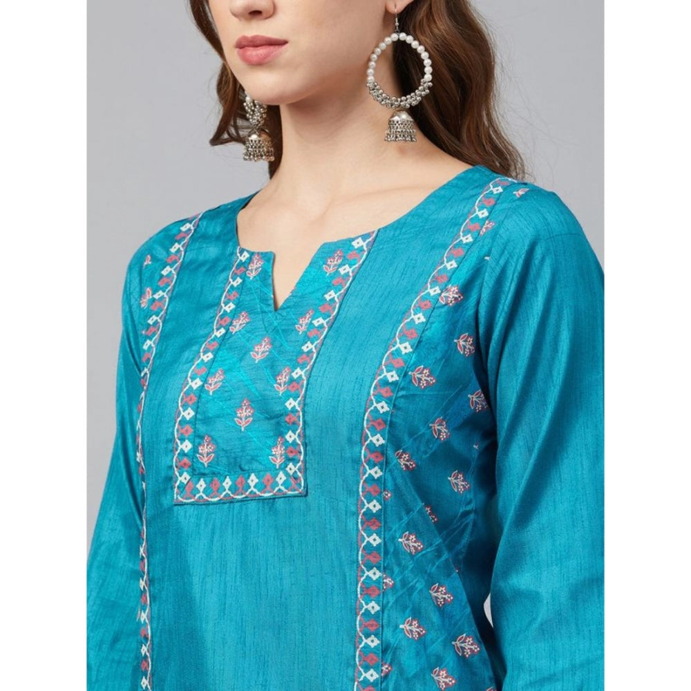 Amfyn Women's Casual 3-4Th Sleeve Floral Printed Poly Silk Kurti and Pant Set (Blue)
