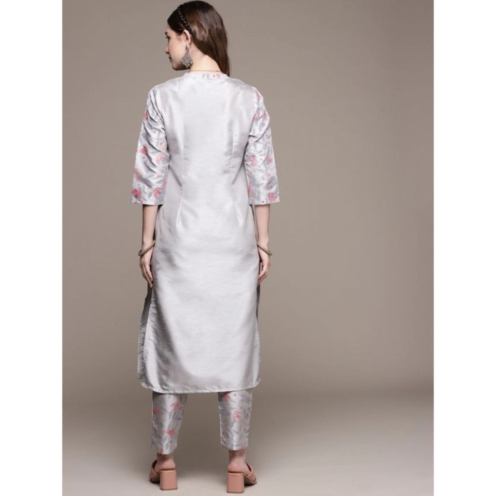 Amfyn Women's Casual 3-4Th Sleeve Solid Poly Silk Kurti and Pant Set (Light Grey)