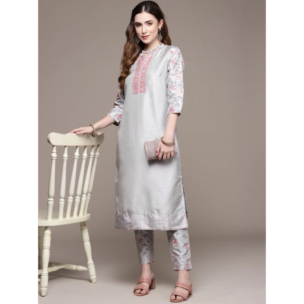 Amfyn Women's Casual 3-4Th Sleeve Solid Poly Silk Kurti and Pant Set (Light Grey)