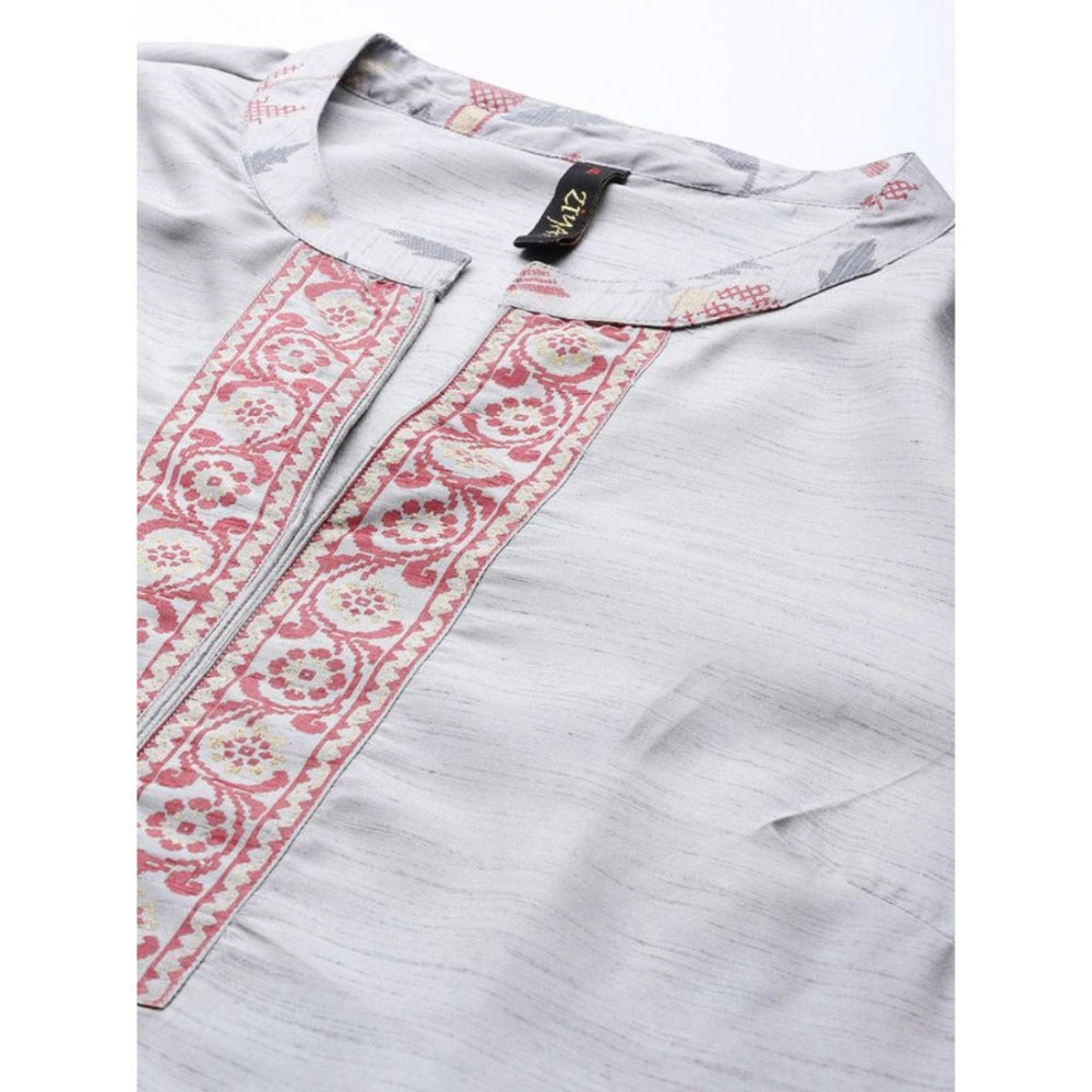 Amfyn Women's Casual 3-4Th Sleeve Solid Poly Silk Kurti and Pant Set (Light Grey)