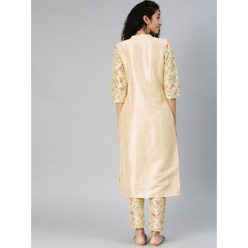 Amfyn Women's Casual 3-4Th Sleeve Solid Poly Silk Kurti and Pant Set (Cream)