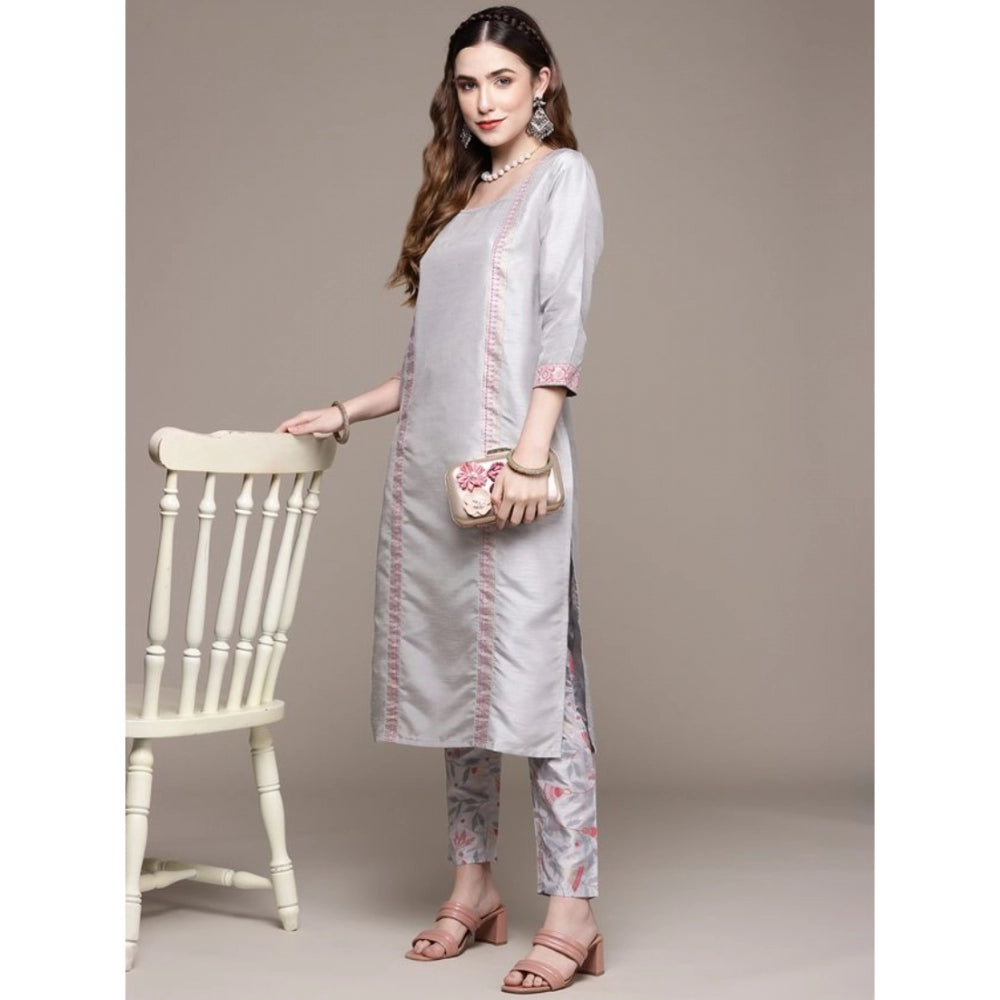 Amfyn Women's Casual 3-4Th Sleeve Geometric Poly Silk Kurti and Pant Set (Light Grey)