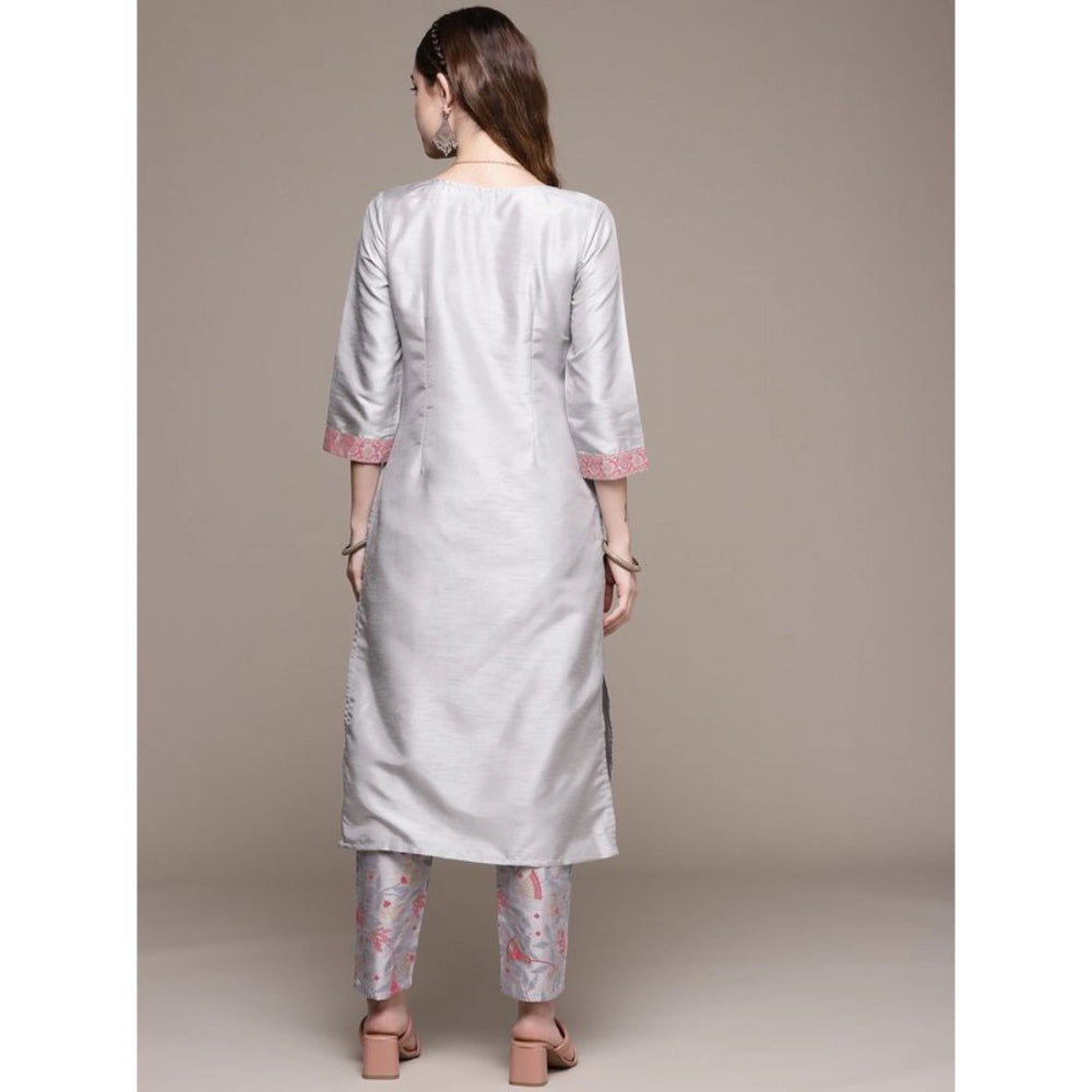 Amfyn Women's Casual 3-4Th Sleeve Geometric Poly Silk Kurti and Pant Set (Light Grey)