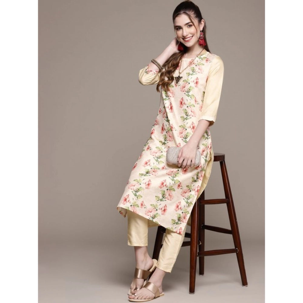 Amfyn Women's Casual 3-4Th Sleeve Floral Printed Poly Silk Kurti and Pant Set (Cream)