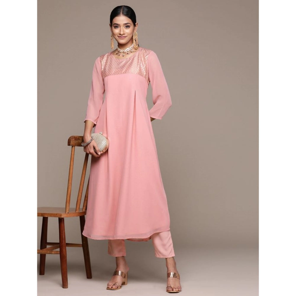 Amfyn Women's Casual 3-4Th Sleeve Geometric Georgette &amp; Crepe Kurti and Pant Set (Pink)