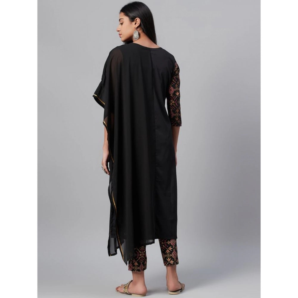 Amfyn Women's Casual Half Sleeve Ethnic Motifs Georgette &amp; Crepe Kurti and Pant Set (Black)