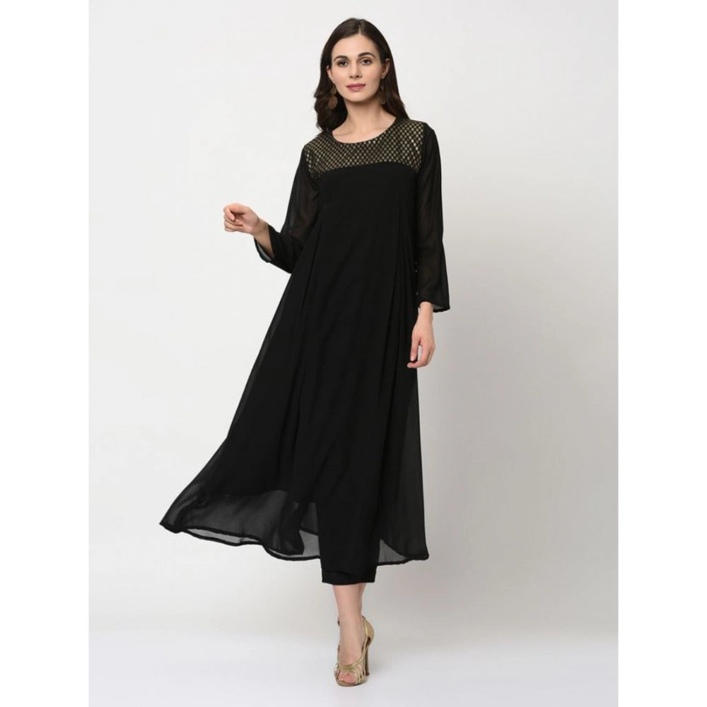 Amfyn Women's Casual 3-4Th Sleeve Geometric Georgette Kurti and Pant Set (Black)
