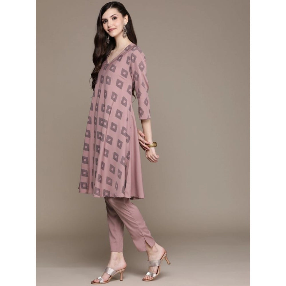 Amfyn Women's Casual 3-4Th Sleeve Ikkat Crepe Kurti And Pant Set (Brown)