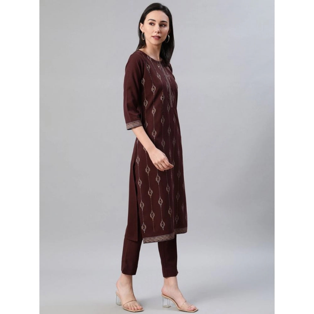 Amfyn Women's Casual 3-4Th Sleeve Ethnic Motifs Rayon Kurti And Pant Set (Brown)