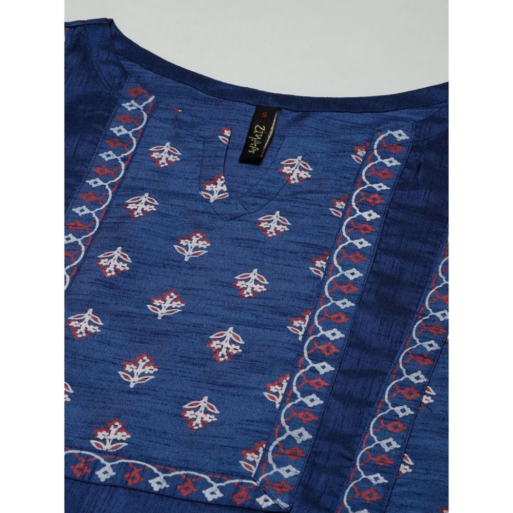 Amfyn Women's Casual 3-4Th Sleeve Floral Printed Poly Silk Kurti And Pant Set (Blue)