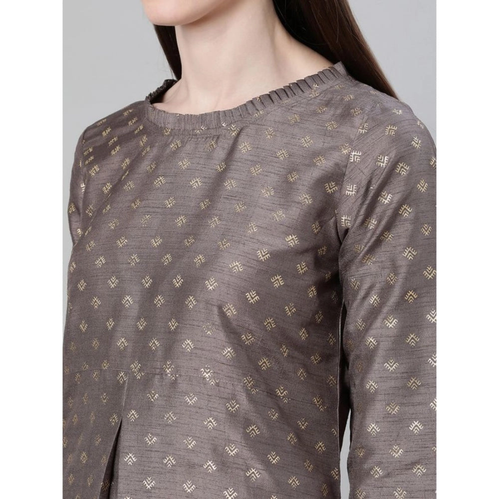 Amfyn Women's Casual 3-4Th Sleeve Ethnic Motifs Poly Silk Kurti And Pant Set (Grey)