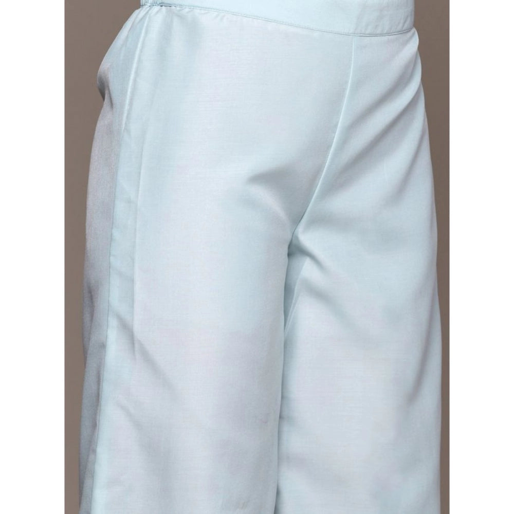 Amfyn Women's Casual 3-4Th Sleeve Floral Printed Chanderi Cotton Kurti Palazzo And Dupatta Set (Blue)