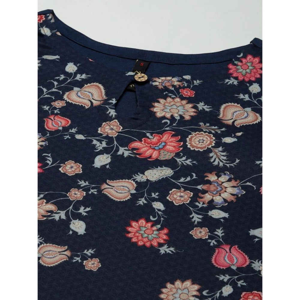 Amfyn Women's Casual 3-4Th Sleeve Floral Printed Rayon Kurti And Pant Set (Navy Blue)