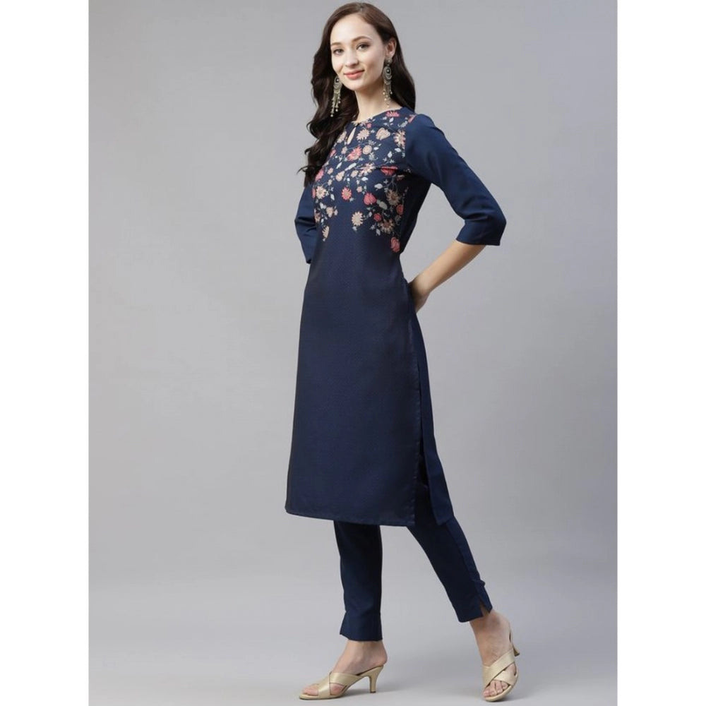 Amfyn Women's Casual 3-4Th Sleeve Floral Printed Rayon Kurti And Pant Set (Navy Blue)