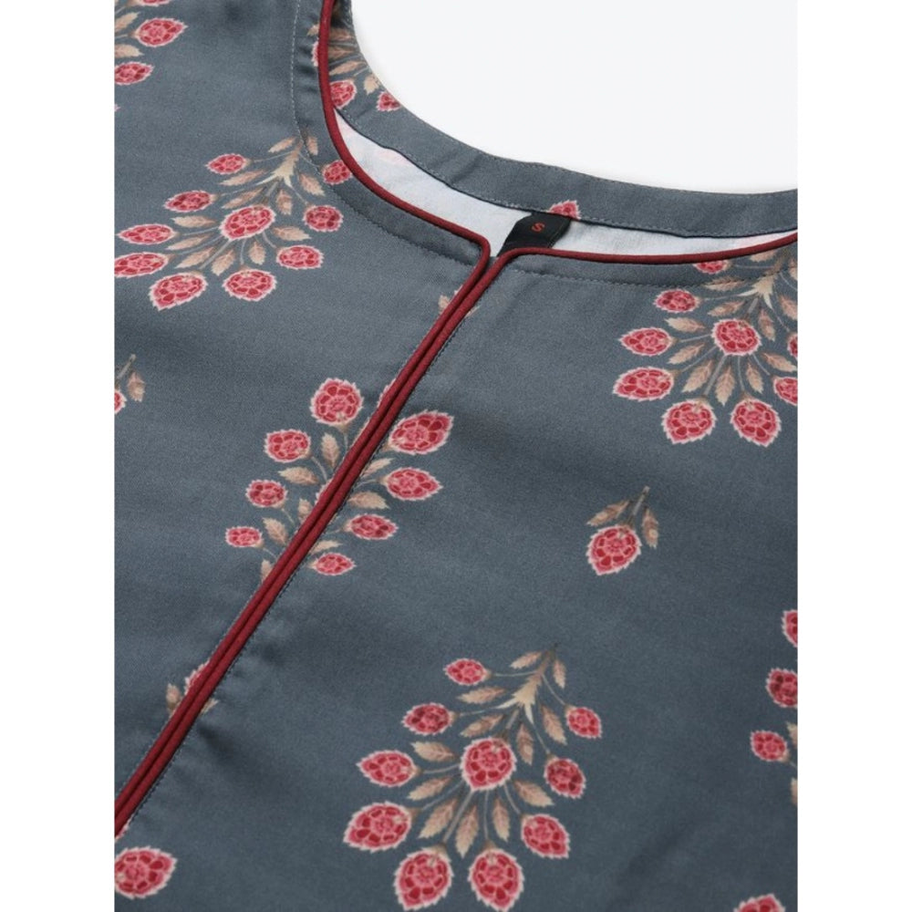 Amfyn Women's Casual 3-4Th Sleeve Floral Printed Rayon Kurti And Pant Set (Grey)