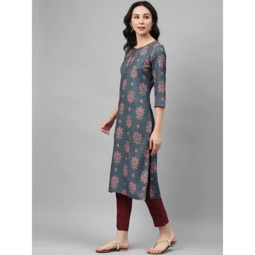 Amfyn Women's Casual 3-4Th Sleeve Floral Printed Rayon Kurti And Pant Set (Grey)