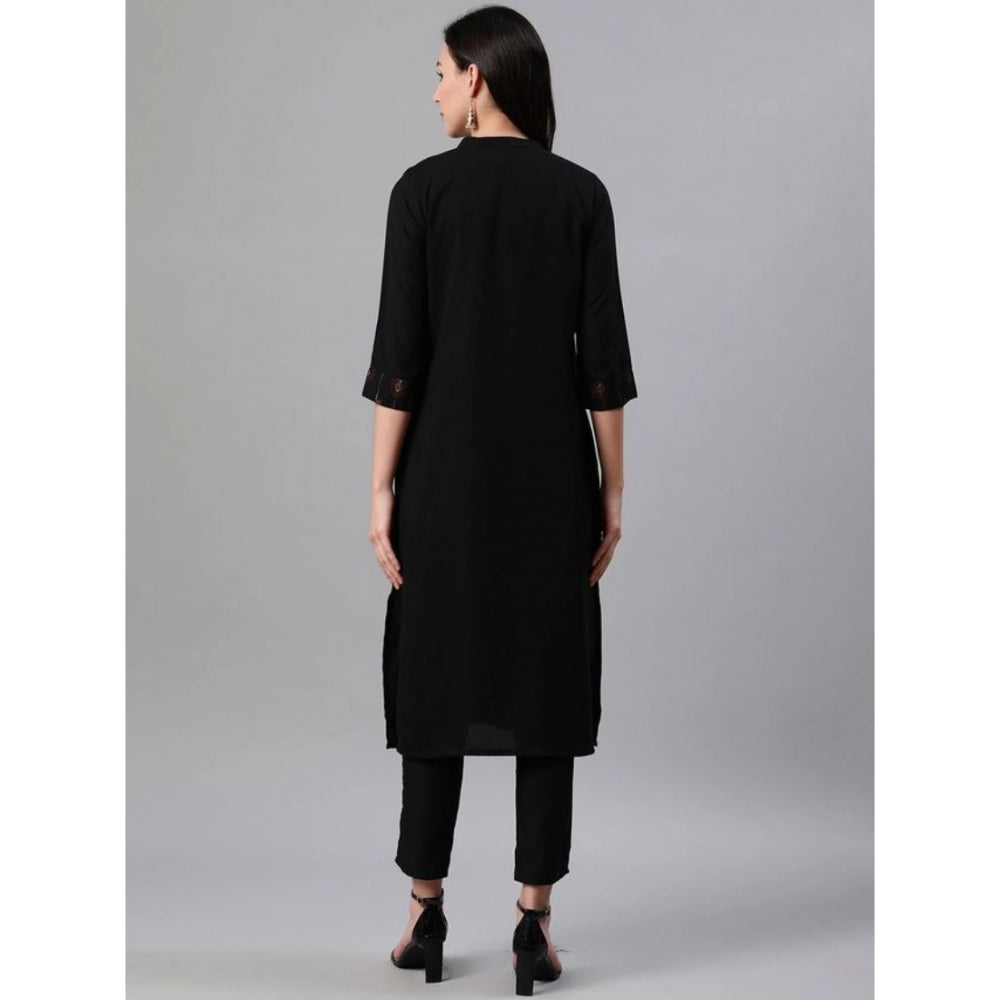 Amfyn Women's Casual 3-4Th Sleeve Ethnic Motifs Rayon Kurti And Pant Set (Black)