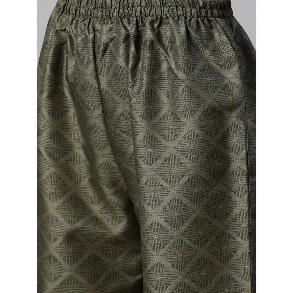 Amfyn Women's Casual 3-4Th Sleeve Ethnic Motifs Poly Silk KurtiPalazzo And Dupatta Set (Green)