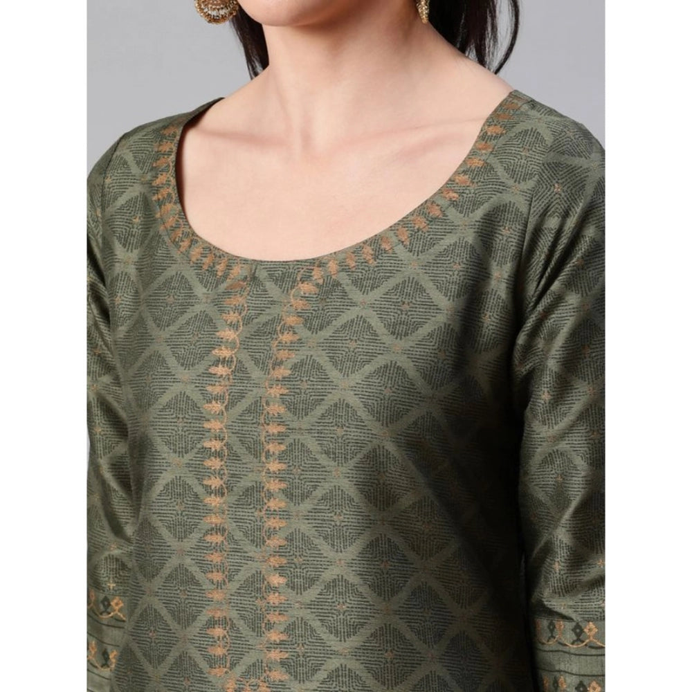 Amfyn Women's Casual 3-4Th Sleeve Ethnic Motifs Poly Silk KurtiPalazzo And Dupatta Set (Green)