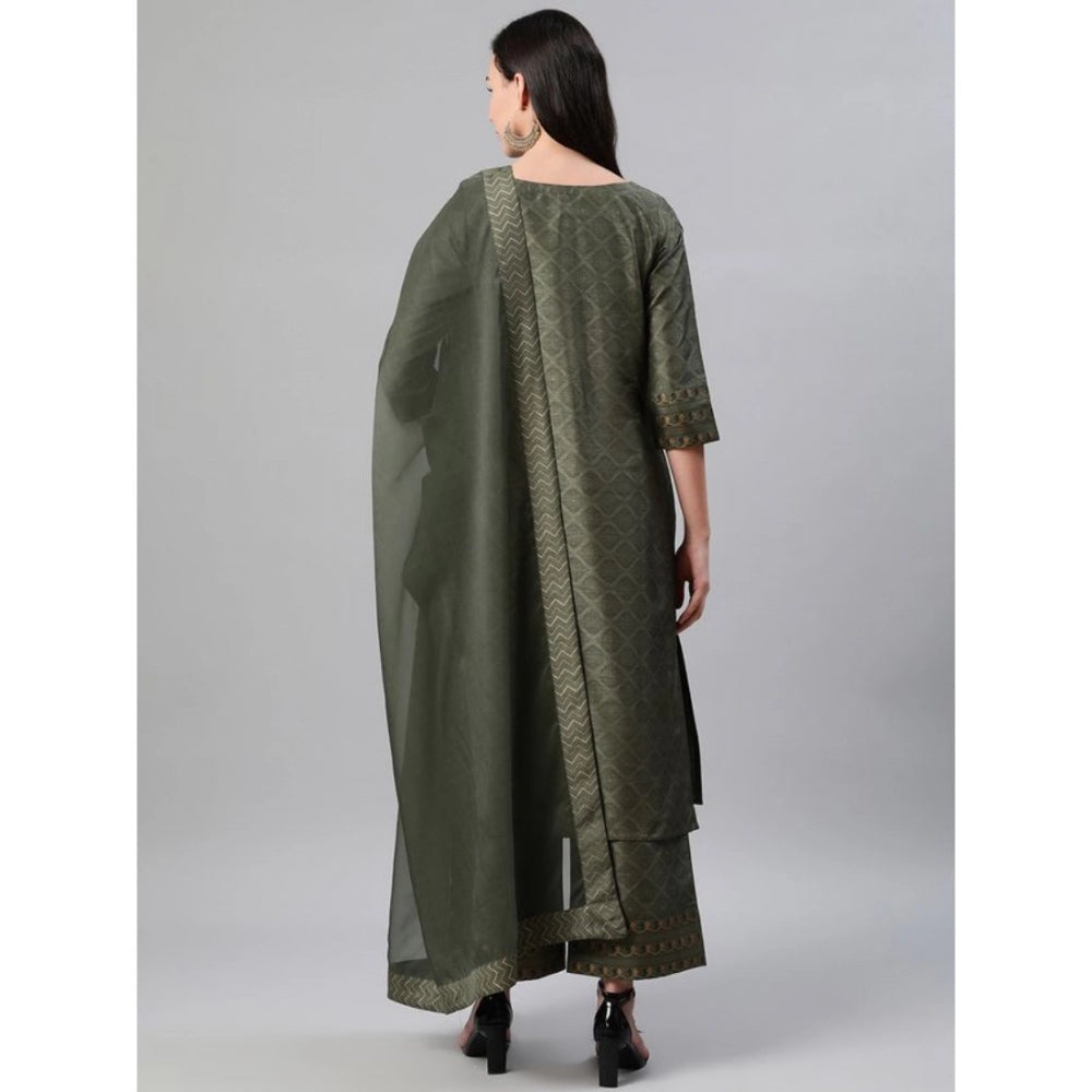 Amfyn Women's Casual 3-4Th Sleeve Ethnic Motifs Poly Silk KurtiPalazzo And Dupatta Set (Green)