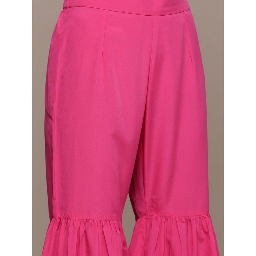 Amfyn Women's Casual Sleeveless Ethnic Motifs Crepe Kurti Sharara And Dupatta Set (Pink)