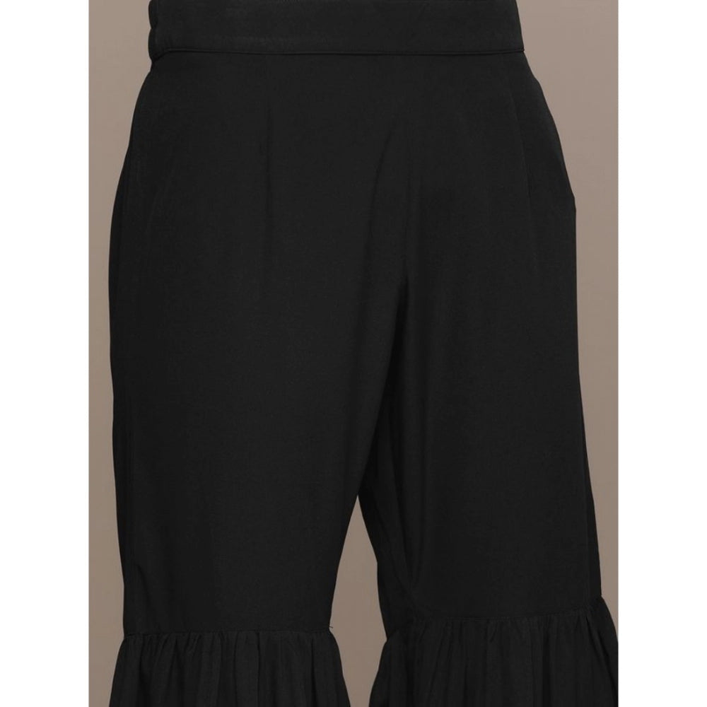 Amfyn Women's Casual Sleeveless Ethnic Motifs Crepe Kurti Sharara And Dupatta Set (Black)