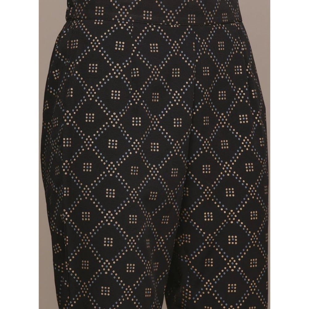 Amfyn Women's Casual 3-4Th Sleeve Ethnic Motifs Crepe Kurti Pant And Dupatta Set (Black)