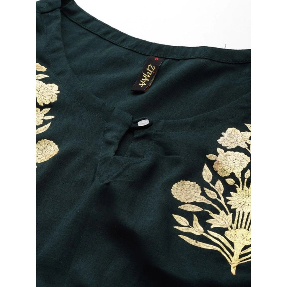 Amfyn Women's Casual 3-4Th Sleeve Ethnic Motifs Chinon Kurti Pant And Dupatta Set (Bottle Green)