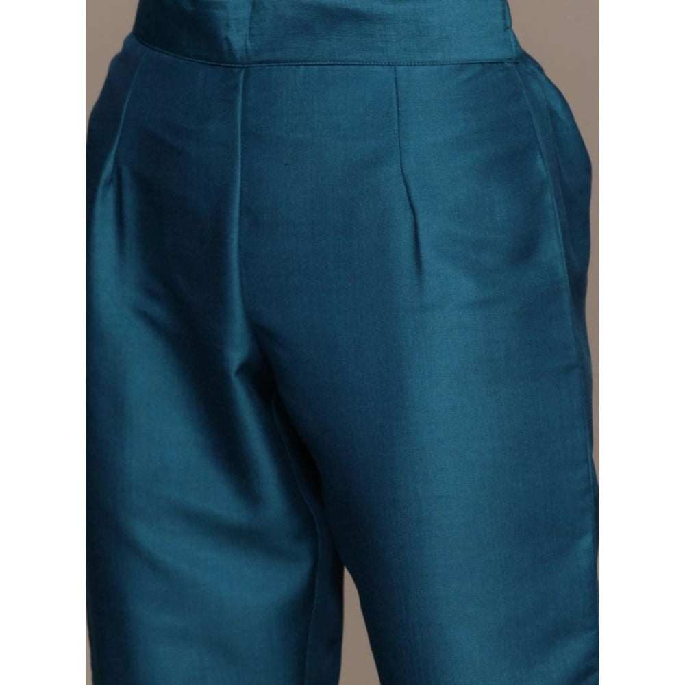 Amfyn Women's Casual 3-4Th Sleeve Mughal Stripe Design Chinon Kurti Pant And Dupatta Set (Teal Blue)