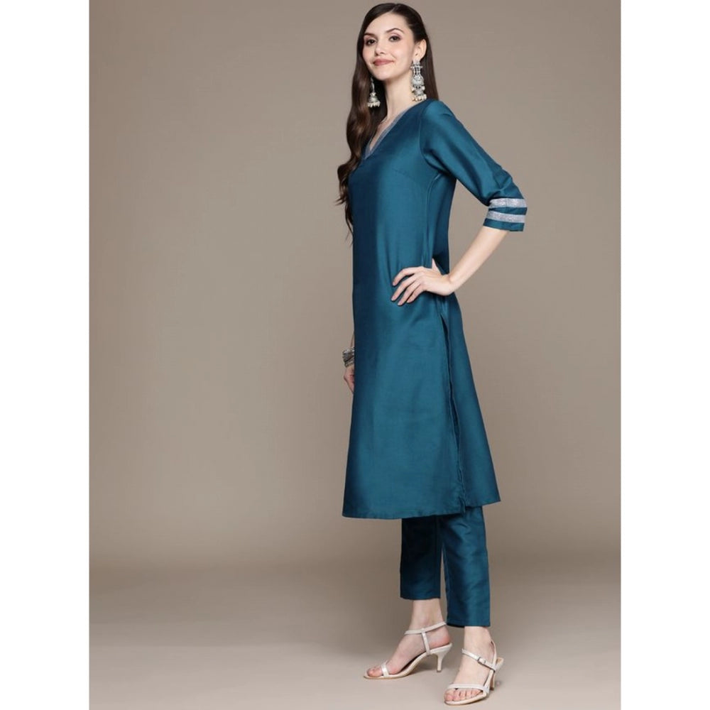 Amfyn Women's Casual 3-4Th Sleeve Mughal Stripe Design Chinon Kurti Pant And Dupatta Set (Teal Blue)
