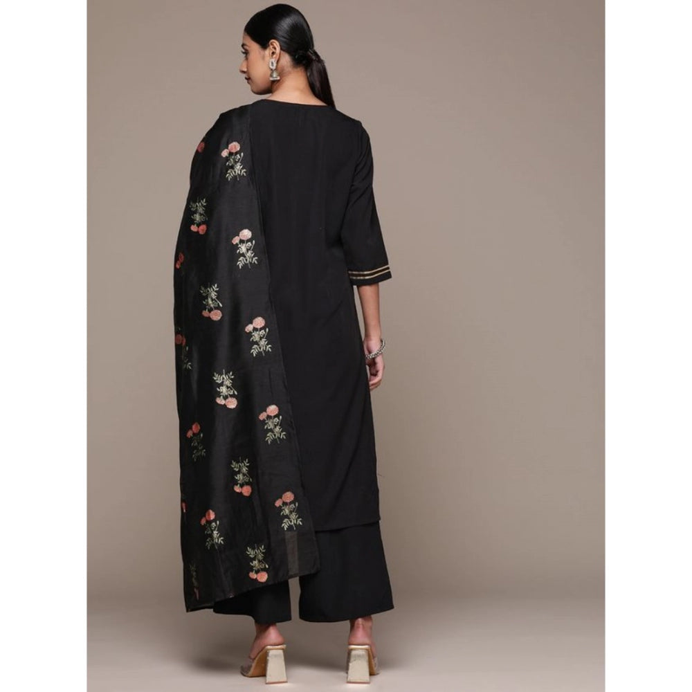 Amfyn Women's Casual 3-4Th Sleeve Ethnic Motifs Crepe Kurti Palazzo And Dupatta Set (Black)