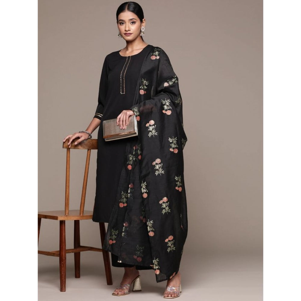 Amfyn Women's Casual 3-4Th Sleeve Ethnic Motifs Crepe Kurti Palazzo And Dupatta Set (Black)