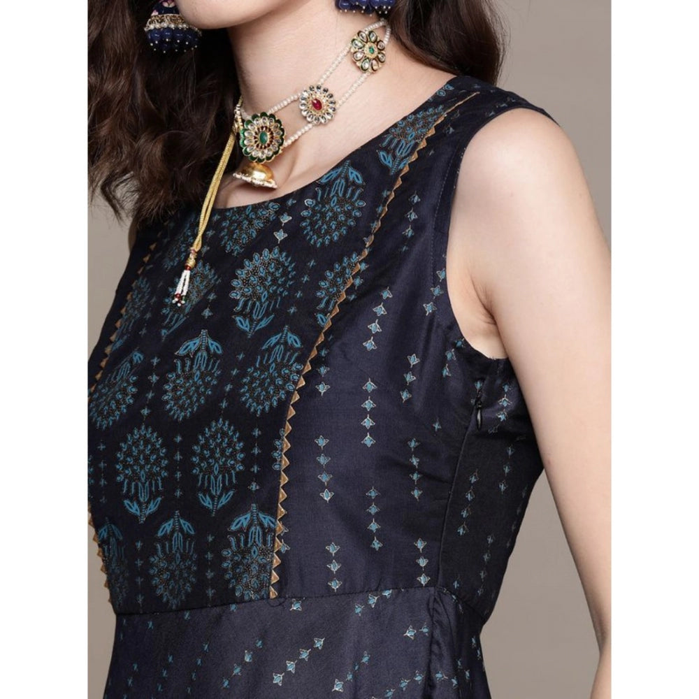 Amfyn Women's Casual Sleeveless Floral Printed Chinon Kurti And Dhoti Pant Set (Dark Blue)