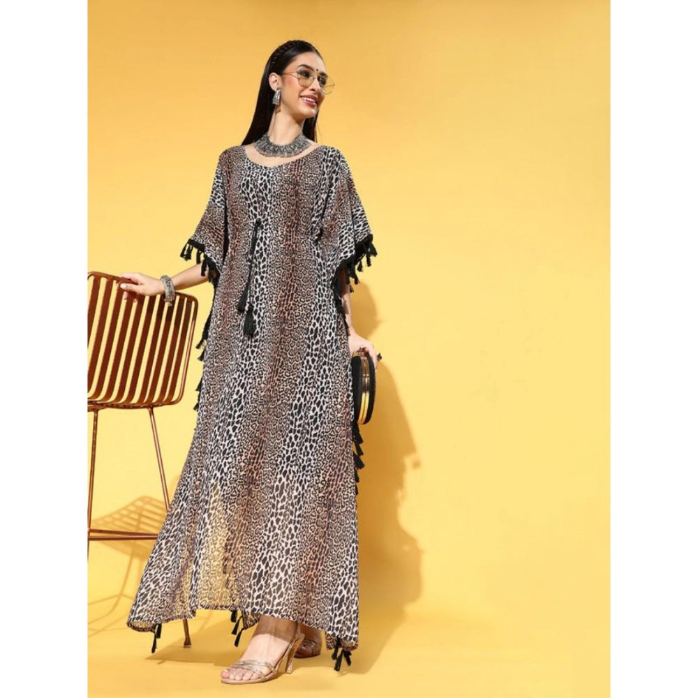 Amfyn Women's Casual Half Sleeve Animal Printed Georgette Kurti (Brown)