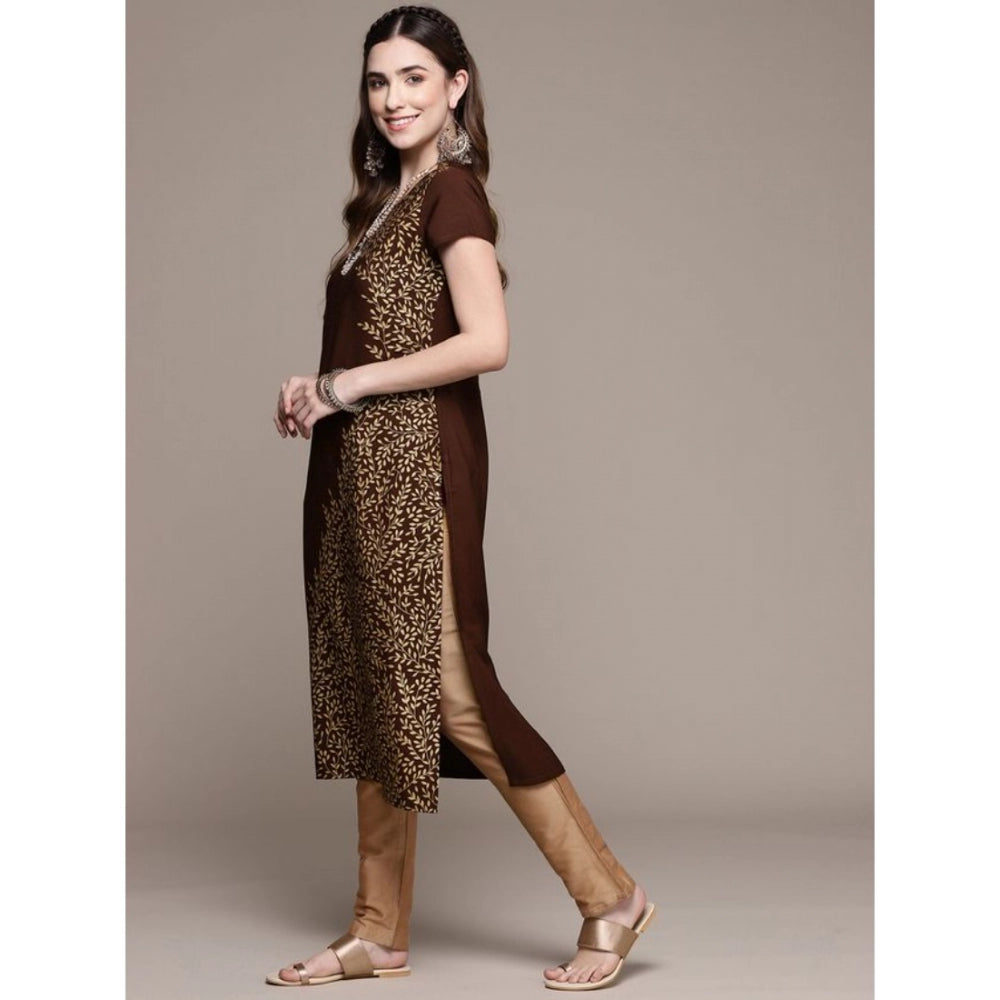 Amfyn Women's Casual Short Sleeves Floral Printed Crepe Kurti (Brown)
