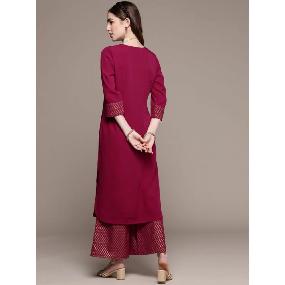 Amfyn Women's Casual Full Sleeve Ethnic Motifs Crepe Kurti and Palazzo Set (Dark Pink)